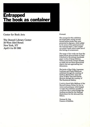 Susan Gladding Entrapped: The Book as Container Exhibition Brochure – Center for Book Arts